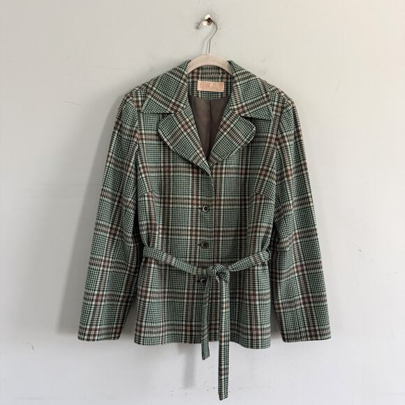 Vintage Pendleton Virgin Wool Plaid Green Red Belted Blazer Jacket - Picture 2 of 5